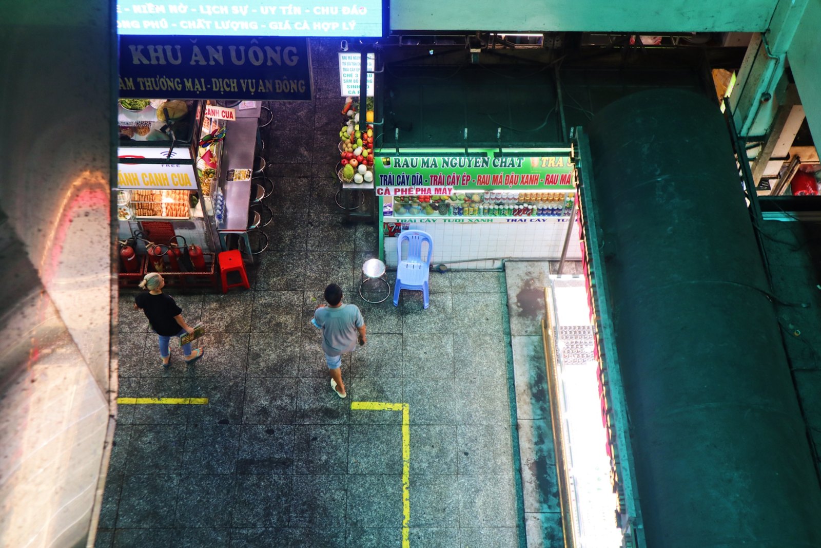 Aerial view looking down into An Dong market food court in Ho Chi Minh City
